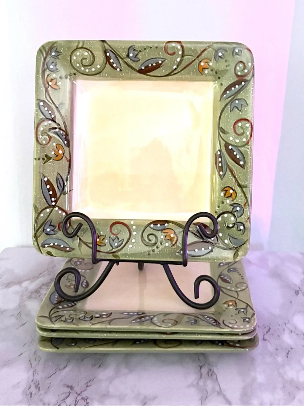 Vintage Pier 1 Hand-Painted Square Luncheon Plates-set of 4